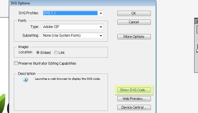 SVG - Show code from Adobe Illustrator