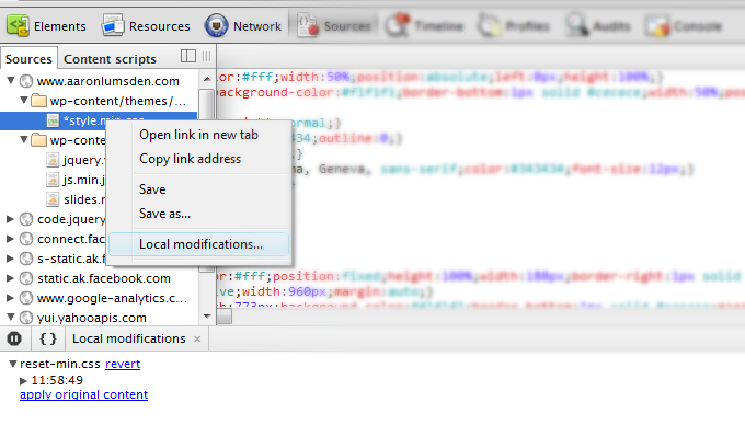 Chrome's dev tools local modification