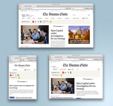 Screenshot of the Boston Globe at three different widths.
